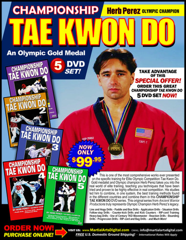 This is one of the most comprehensive works ever presented on the specific training for Elite Olympic Competition Tae Kwon Do. Gold medalist and Olympic champion, Herb Perez, takes you into the real world of elite training, teaching you techniques that have been tried and proved to be highly effective in real competition.  His studies led him to combine - in one system - the best training methods found in the different countries and combine them in this “Championship Tae kwon Do” Series. This original “Ancient Warrior Production” series represents Olympic Champion, Herb Perez´s legacy.

Line drills and Hogu drills
Paddle and box drills 
Application drills and situation drills
Follow-step drills
Counter-kick drills and kick counters
RIPcord training drills
Heavy-bag drills
Use of Century TKD Wavemaster 
Reaction drills
Bounding drills
Progression drills 