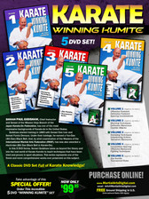 KARATE WINNING KUMITE  SPECIAL 5 DVD SET
By Paul Godshaw
Shihan Paul Godshaw, Chief Instructor and Sensei of the Mission Viejo Branch of the “Japan Karate-Do Federation”, has one of the most impressive backgrounds of Karate-do in the United States.
Mr. Paul Godshaw started training in 1965 with Sensei Dan Ivan and Sensei Fumio Demura. Under their tutelage, he had earned a Yon-Dan (4th Dan) Black Belt. And, by strict examination of the Masters of the “International Martial Arts Federation” (IMAF), Mr. Godshaw has also been awarded a Hachi-dan (8th Dan Black Belt in Karate-Do).
In this 5 DVD Series, he takes us beyond the theory and into the real world of “karate kumite” to teach techniques that have been tried and proven in sport situations. This series represents one of the finest and more comprehensive works ever presented on this subject. 
 VOLUME 1 
•	Offensive Footwork 
•	Defensive Footwork
•	Sparring Combinations
VOLUME 2 
•	Blocking Techniques 
•	Defensive Maneuvers
•	Counter Attacks
VOLUME 3 
•	Sweeping Techniques  
•	Unbalancing Actions
•	Takedown Maneuvers
VOLUME 4  
•	Competition Sparring 
•	Offensive Maneuvers
•	Fighting Techniques
VOLUME 5 
•	Jiyu Kumite 
•	Tournament Rules
(Approx. 70 mins)
Take advantage of this Special Offer, order now Special 5 DVD “WINNING KUMITE” set for only US$99.95!
