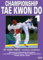 CHAMPIONSHIP TAE KWON DO  
Advanced Sparring 
by Herb Perez
This is one of the most comprehensive works ever presented on the specific training for Elite Olympic Competition Tae Kwon Do. Gold medalist and Olympic champion, Herb Perez, takes you into the real world of elite training, teaching you techniques that have been tried and proved to be highly effective in real competition. 
His studies led him to combine - in one system - the best training methods found in the different countries and combine them in this “Championship Tae kwon Do” Series. 

Volume 1: Warm-up and stretching techniques, line drills and an abdominal workout. Also covers basic kicks (round kicks, fast kicks, side kicks, back kicks, the spinning back-hook kick, the ax kick and motion drills), multiple kicks, and paddle and box drills. (Approx. 58 min.) 
