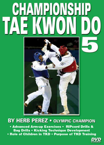 CHAMPIONSHIP TAE KWON DO  Volume 5
Advanced Sparring 
by Herb Perez

This is one of the most comprehensive works ever presented on the specific training for Elite Olympic Competition Tae Kwon Do. Gold medalist and Olympic champion, Herb Perez, takes you into the real world of elite training, teaching you techniques that have been tried and proved to be highly effective in real competition.  His studies led him to combine - in one system - the best training methods found in the different countries and combine them in this “Championship Tae kwon Do” Series. 

Volume 5: Warm-up exercises, RIPcord drills, bag drills using the Century TKD Wavemaster, “hogu” drills and kicking drills. Also covered: spinning roundhouse kicks, spinning back-hook kicks, back kicks and multiple kicks, the role of children in taekwondo; and the purpose of taekwondo training. (Approx. 55 min.) 
