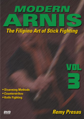 MODERN ARNIS Volume 3 
The Filipino Art of Stick Fighting 
by Remy Presas

This is one of the finest and most comprehensive works ever presented on the Filipino art of Stick Fighting known as “Modern Arnis”. Grandmaster Remy Presas takes you beyond the theory and into the real world of practical Arnis, teaching you techniques that have been tried and proved to be highly effective in real-life situations. He was one of the most relevant Arnis-Eskrima-Kali masters around the world and one of the premier stick fighters. His studies led him to combine - in one system - the best combat methods found in the different local fighting styles from the Philippines islands and named it “Modern Arnis”. This original “Ancient Warrior Production” series represents Grandmaster Presas´ classic Filipino Martial Arts legacy.

Volume 3 includes disarming attackers, counterstrikes, proper knife techniques and using weapons to disarm an assailant. (Approx. 55 min.) 

