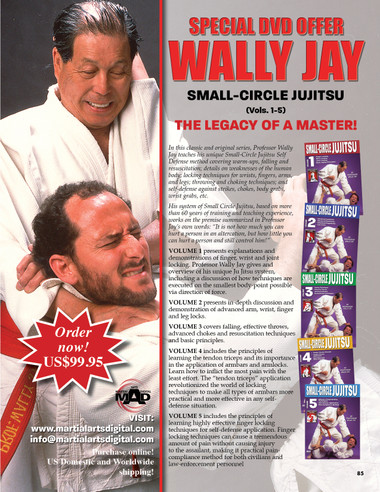  In this complete series, Professor Wally Jay teaches his unique Small-Circle Jujitsu Self Defense method covering warm-ups, falling and resuscitation; details on weaknesses of the human body; locking techniques for wrists, fingers, arms, and legs; throwing and choking techniques; and self-defense against strikes, chokes, body grabs, wrist grabs, etc. Professor Wally Jay studied Kodenkan Jujitsu from Professor Henry S. Okazaki in Hawaii. After years of training in boxing, weightlifting, judo and jujitsu from various instructors, he received his black belt in Kodenkan Danzan Ryu Jujitsu from Sensei Okazaki. The knowledge he gained from the other disciplines and Sensei Okazaki’s own non-classical background gave him the perspective to see how classical jujitsu could be improved for a more effective use in self-defense and combat situations. Over the years Professor Wally made changes in the Jujitsu art he learnt, and it was the principle of the “wrist action” that became the key to Small Circle Jujitsu method. His system of Small Circle Jujitsu, based on more than 60 years of training and teaching experience, works on the premise summarized in Professor Jay’s own words: “It is not how much you can hurt a person in an altercation, but how little you can hurt a person and still control him!”