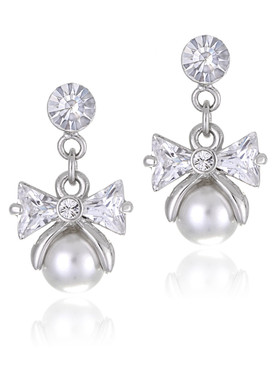 Delicate CZ Pearl Drop Bow Earrings  | Earrings