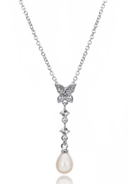 Butterfly Crystal and Teardrop Pearl Rhodium Plate Necklace 35024