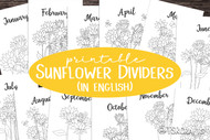 Printable Monthly Divider Inserts with Sunflower Illustrations to color in - In ENGLISH