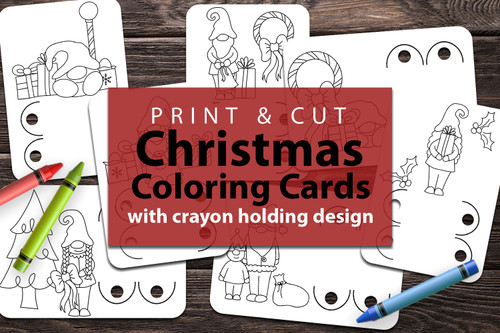 Printable Christmas Crayon Coloring Card Templates - Crayon holder cards with Christmas doodle illustrations to color in.