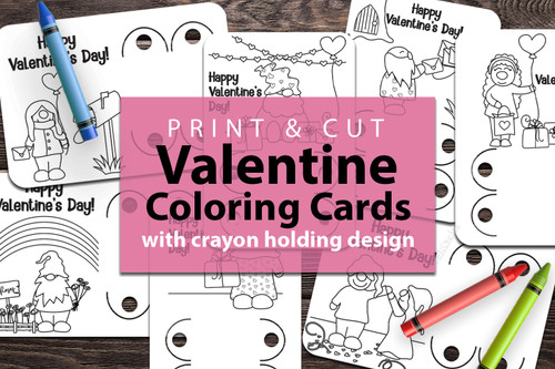 Printable Valentine Cards - Coloring Cards with crayon holder design - features hand drawn doodle illustrations to color in, and can hold 2 crayons.