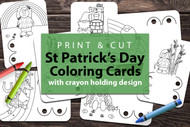 Printable St Patricks Day Card Templates. 7 St Patrick's Day print and cut card templates, with hand drawn doodle illustrations to color in, designed to hold 2 crayons. 