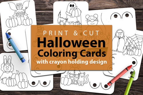 Printable Halloween Card Templates for kids - Crayon holder card designs for Halloween. Print and cut style card designs with hand drawn doodle illustrations to color in, designed to hold 2 crayons. Print and cut for cricut an other PNG friendly electronic cutting machines.