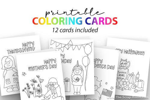 Printable coloring card Bundle - printable A2 card templates to print, color in, and share - 12 card designs included, coloring cards