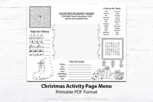 Printable Kid's Menu Template, kid's menu, Christmas printable menu, activity menu, kids activity, party printable, menu for Christmas