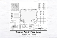 Printable Kid's Menu Template, kid's menu, Autumn printable menu, activity menu, kids activity, party decor, party printable, for Fall