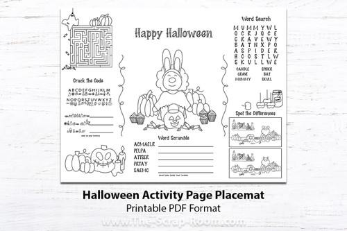 Halloween Fun Printable Kids Placemat - Festive Puzzles, Coloring, and Activities with Halloween doodle illustrations for kids