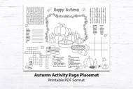 Fall / Autumn Fun Printable Kids Placemat - Festive Puzzles, Coloring, and Activities with Autumn doodle illustrations for kids to color in