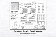 Christmas Fun Printable Kids Placemat - Festive Puzzles, Coloring, and Activities with Christmas doodle illustrations for kids to color in

