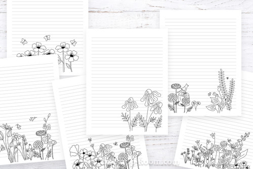 Printable Lined Paper with flower doodles - College Ruled and Wide Ruled included - 6 different digital lined paper designs