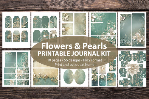 Printable Junk Journal Embellishments, planner, scrapbook, journal supplies, PNG print then cut journal accessories - Flowers & Pearls set 1