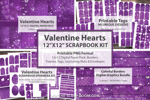 Printable Ephemera Scrapbook kit, planner, scrapbook, journal supplies, PNG print then cut journal accessories - Purple Hearts kit