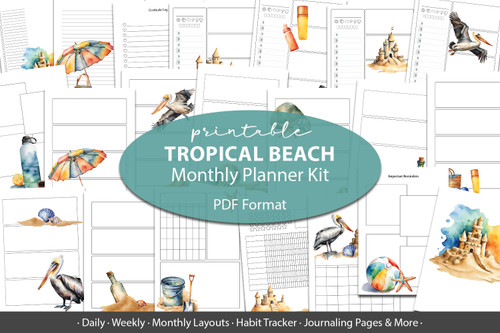 Tropical Beach Printable Planner Inserts - Printable Beach Planner, planner pages, planner templates, travel journal, layouts