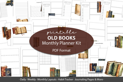 Old books Printable Planner Inserts - Printable Book lover Planner, planner pages, planner templates, vintage books, antique books, aged