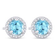 1.31ct Round Cut Blue Topaz & Diamond Halo Martini Stud Earrings in 14k White Gold