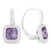 3.11ct Checkerboard Amethyst & Round Cut Diamond Halo Leverback Drop Earrings in 14k White Gold