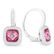 4.40ct Checkerboard Pink Lab-Sapphire & Round Cut Diamond Halo Leverback Drop Earrings in 14k White Gold