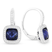 4.43ct Checkerboard Blue Lab-Sapphire & Round Cut Diamond Halo Leverback Drop Earrings in 14k White Gold