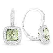 3.25 ct Checkerboard Green Amethyst & Round Cut Diamond Halo Leverback Drop Earrings in 14k White Gold