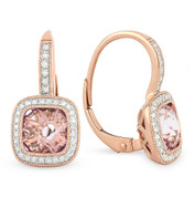 3.36ct Checkerboard Pink Amethyst & Round Cut Diamond Halo Leverback Drop Earrings in 14k Rose Gold