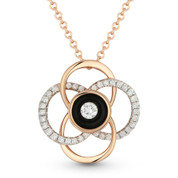 0.17ct Round Cut Diamond Black Enamel Flower Charm Pendant & Chain Necklace in 14k Rose Gold