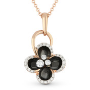 0.22ct Round Cut Diamond Black Enamel Flower Charm Pendant & Chain Necklace in 14k Rose Gold