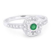 0.23ct Round Cut Emerald & Diamond Pave Antique-Style Right-Hand Flower Ring in 14k White Gold