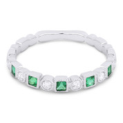0.27ct Emerald & Diamond Bezel & Square Setting Stackable Anniversary Ring / Wedding Band in 14k White Gold