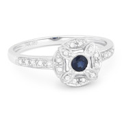 0.27ct Round Cut Sapphire & Diamond Pave Antique-Style Right-Hand Flower Ring in 14k White Gold