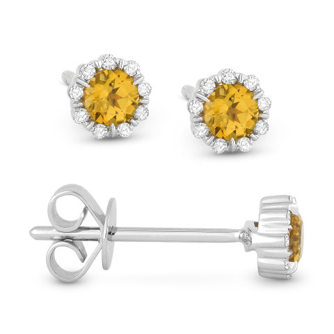 0.28ct Round Cut Citrine & Diamond Pave Baby Stud Earrings in 14k White ...