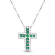 0.30ct Round Brilliant Cut Emerald & Diamond Cross Pendant & Chain Necklace in 14k White Gold
