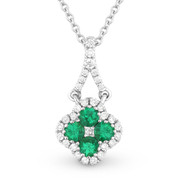 0.32ct Emerald Cluster & Diamond Pave Flower Charm Pendant & Chain Necklace in 14k White Gold