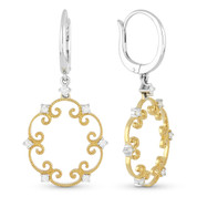0.34ct Round Cut Diamond Vintage-Style Filigree-Frame Dangling Earrings in 14k Yellow & White Gold