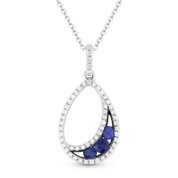 0.35ct Round Cut Sapphire & Diamond Pave Tear-Drop Pendant & Chain Necklace in 14k White & Black Gold