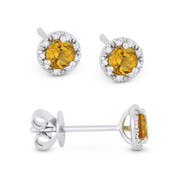 0.36ct Round Brilliant Cut Citrine & Diamond 3-Prong 5.5mm Halo Stud Earrings in 14k White Gold