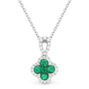 0.36ct Emerald Cluster & Diamond Pave Flower Charm Pendant & Chain Necklace in 14k White Gold