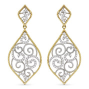 0.36ct Round Cut Diamond Pave Filigree-Detailed Dangling Earrings in 14k Yellow & White Gold