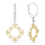 0.36ct Round Cut Diamond Vintage-Style Filigree-Frame Dangling Earrings in 14k Yellow & White Gold