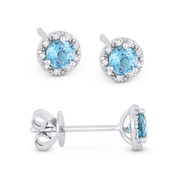 0.40ct Round Brilliant Cut Blue Topaz & Diamond 3-Prong 5.5mm Halo Stud Earrings in 14k White Gold