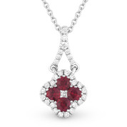 0.41ct Ruby Cluster & Diamond Pave Flower Charm Pendant & Chain Necklace in 14k White Gold