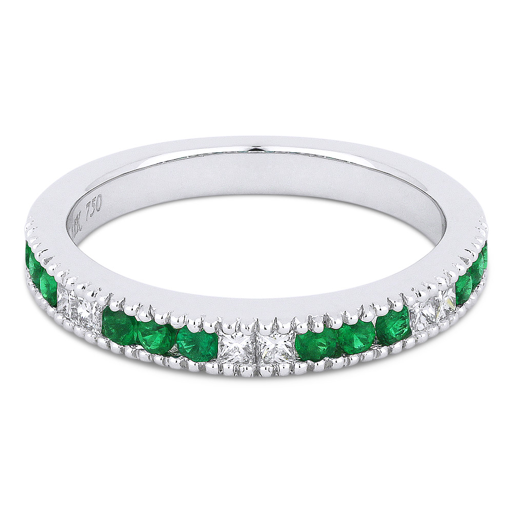 0.44ct Round Cut Emerald & Princess Cut Diamond Milgrain Wedding Band ...