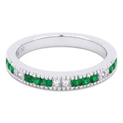 0.44ct Round Cut Emerald & Princess Cut Diamond Milgrain Wedding Band / Anniversary Ring in 18k White Gold