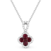 0.49ct Ruby Cluster & Diamond Pave Flower Charm Pendant & Chain Necklace in 14k White Gold