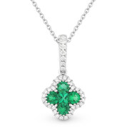 0.51ct Emerald Cluster & Diamond Pave Flower Charm Pendant & Chain Necklace in 14k White Gold